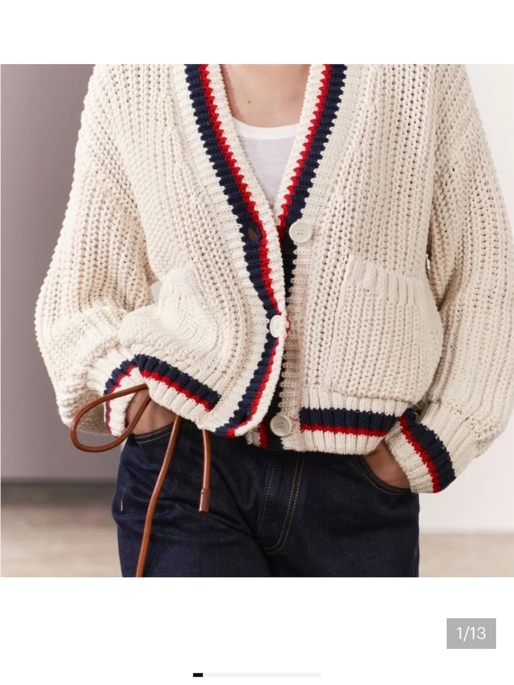 Zara women’s Cream V-Neck Button Cardigan Sweater with trim
